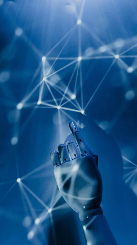 Blue glowing network of nodes and connecting lines forming an AI data visualization
