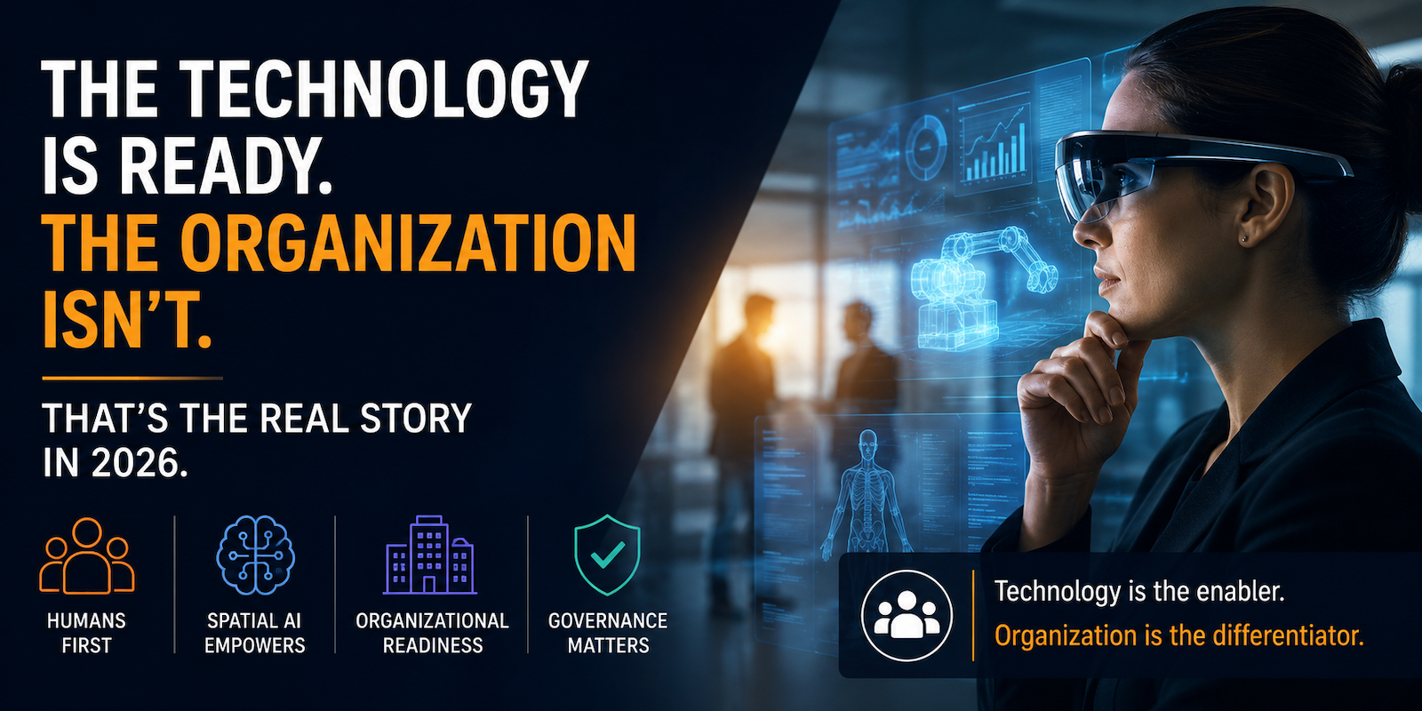 Business leader wearing augmented reality glasses while viewing digital data overlays and AI-powered operational insights.